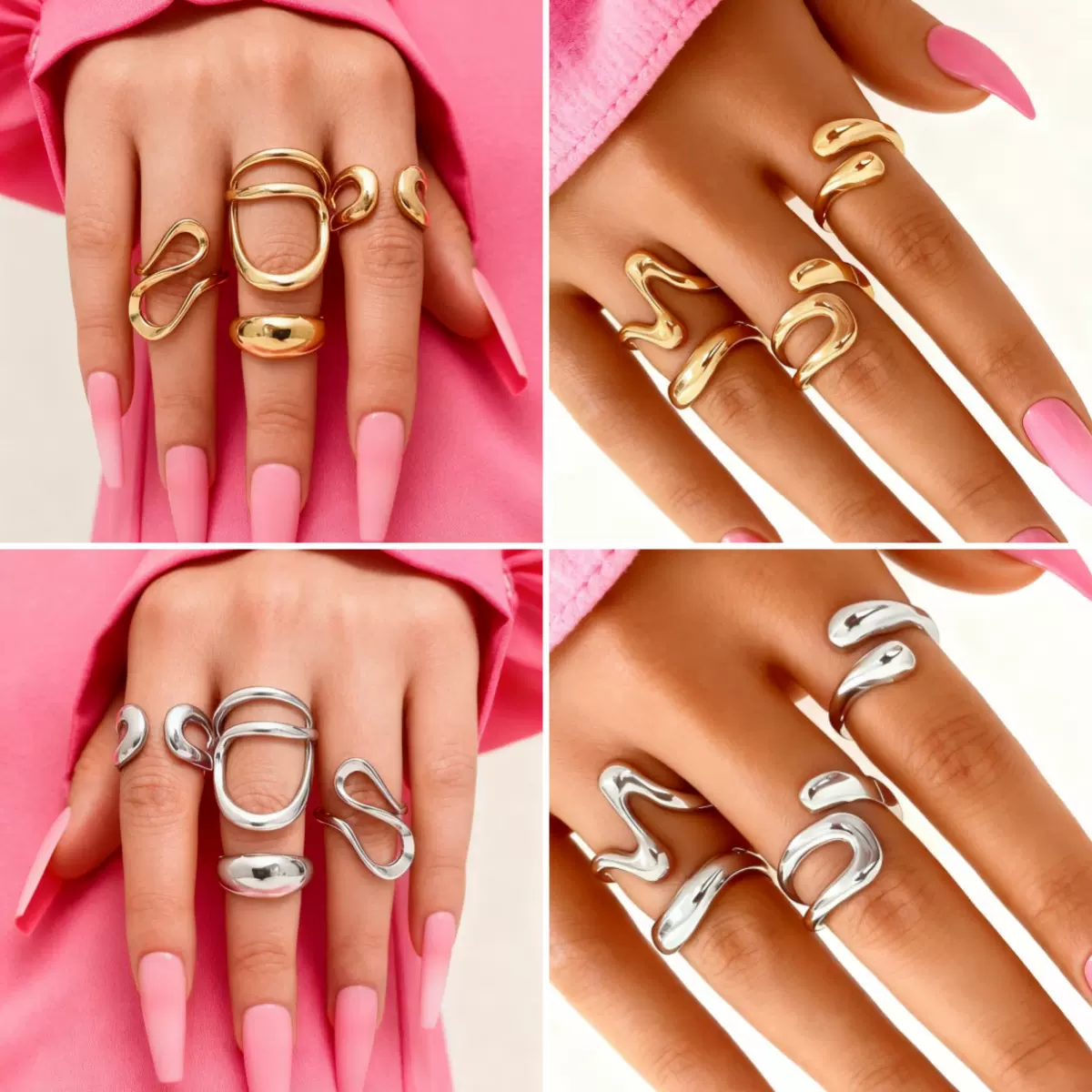 跨境热卖时尚不规则戒指套装 潮流个性金属感开口简约多件套戒指