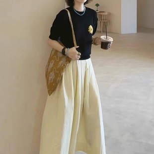 Black Casual Style Knitted T-Shirt for Women 2025 Summer Right Shoulder Design Slim Casual Versatile Thin Top