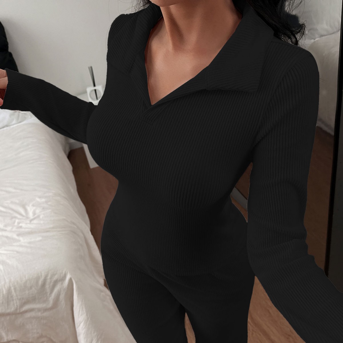 Women's Polo Neck Pajama Set - Long Sleeve Top & Pants, Classic Casual Loungewear_voghion.com