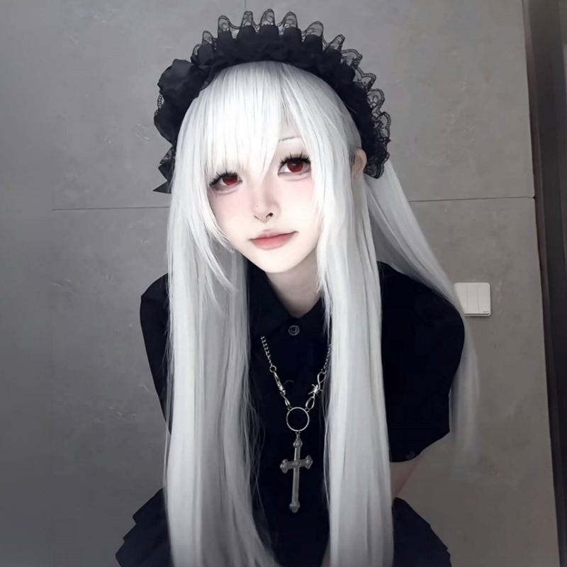 Gothic Dark Long Straight Wig for Women, Lolita Style, Natural Bangs, Pure White, Yabi Style Full Head Wig