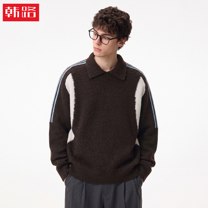 Han Lu | American retro outdoor casual knit sweater for men, loose fit, color-block design, suitable for autumn and winter Han Lu | American retro outdoor casual knit sweater for men, loose fit, color-block design, suitable for autumn and winter