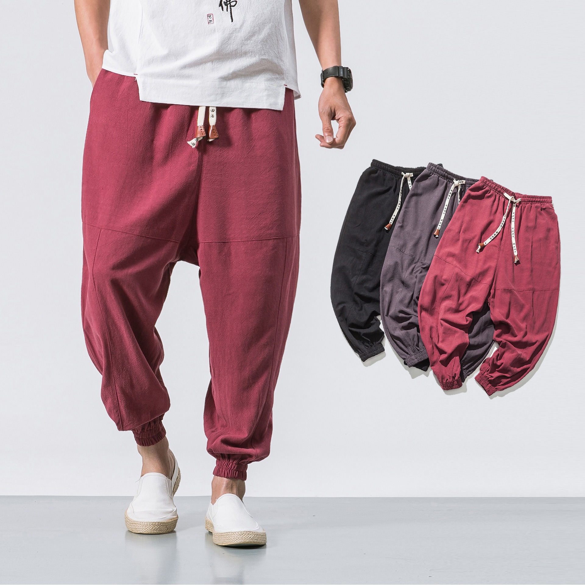 Chinese style Flax Men's leisure time Ankle banded pants solar system Vintage Style Easy Solid trousers Cotton and hemp Pencil Pants