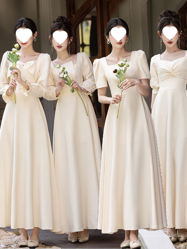 Bridesmaid Dress Sister Dress New Long-Sleeved Champagne Color Bestie Dress Graduation Season Slim Fairy Satin Wedding Dress