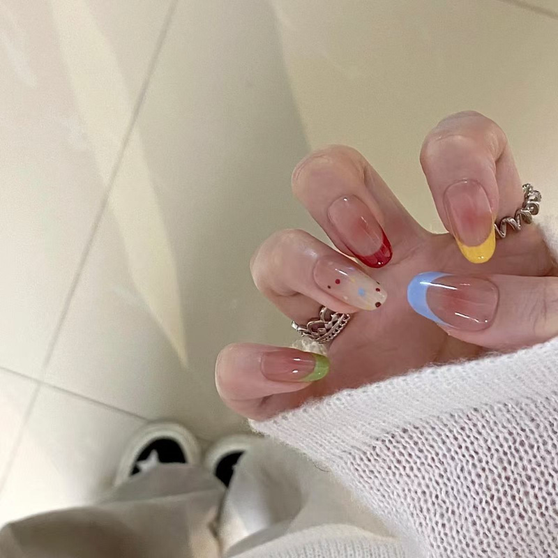 Rainbow Sweet Bean 10-Piece Set of Handmade Wearable Nails for Summer Dopamine Removable Manicure Patches Almond Style