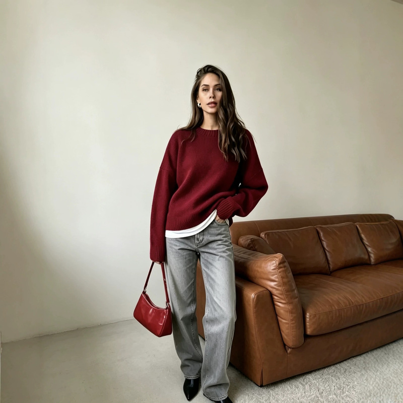 Autumn and Winter New Russian Cross-Border Best-Selling Short Round-Neck Solid Color Sweater, European and American Style Versatile Basic Pullover