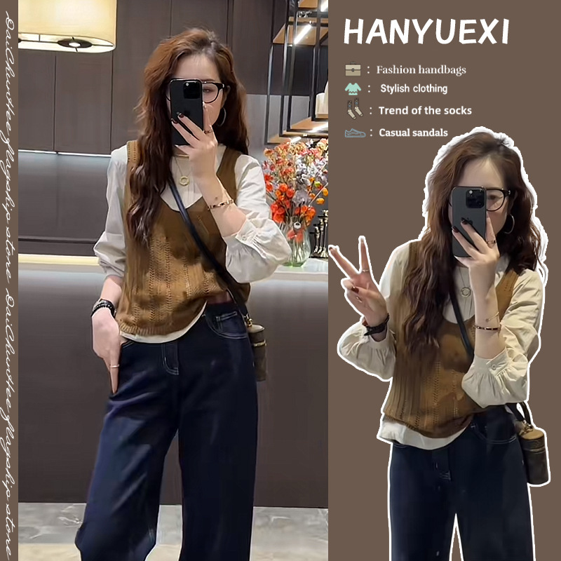 Korean Design Suit for Women, Autum New Light Apricot Long-Sleeved Shirt with Vest and Jeans Two-Piece Trendy Set