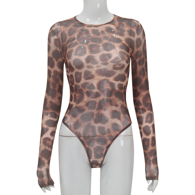 Amazon deseo mujeres europeas y americanas de cuello redondo manga larga sexy Leopard Print jumpsuit alta cintura Slim Hot Girl top