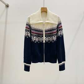 P09801150WD 早秋新款高翻领双拉链提花亮片羊绒开衫休闲针织外套