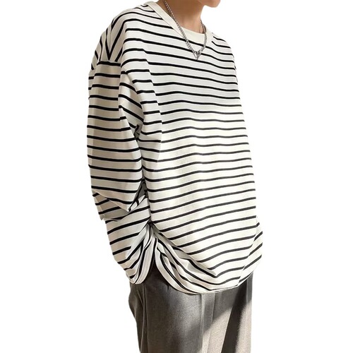 Striped T-shirt for Men - Spring and Autumn New Korean Style Loose Trendy Casual Matchable Crew Neck Long Sleeve T-shirt Underwear