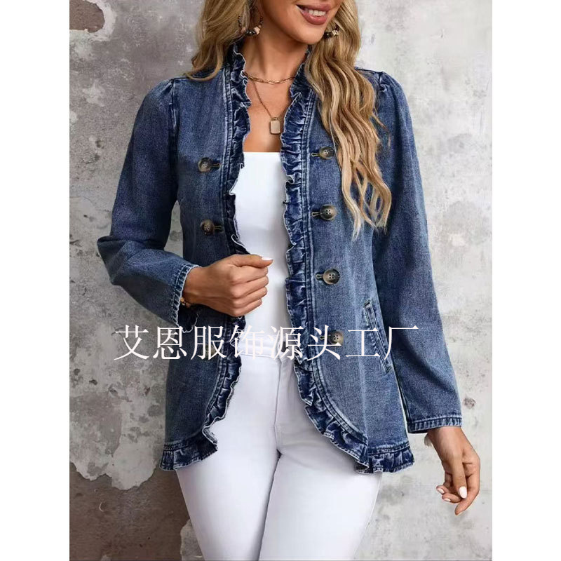 Cross-border European and American style dark blue ruffled double-breasted denim jacket with puff sleeves, stand-up collar, short vintage-style jacket Cross-border European and American style dark blue ruffled double-breasted denim jacket with puff sleeves, stand-up collar, short vintage-style jacket