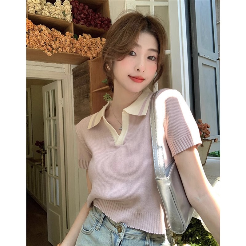 别致绝美夏季法式小众撞色polo领冰丝针织小衫短袖t恤女短款上衣|undefined