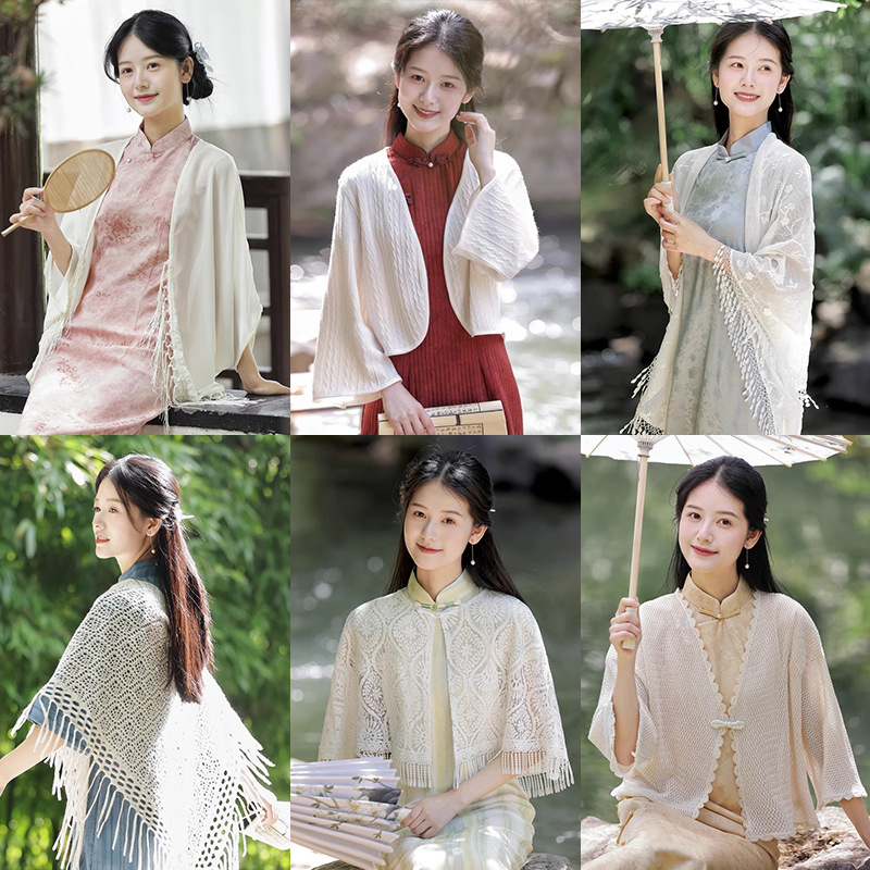 Retro and Fresh 2025 Summer Thin Cut Out Literary and Versatile Waistoutwear Knitted Cardigan with Cheongsam Outer Shawl