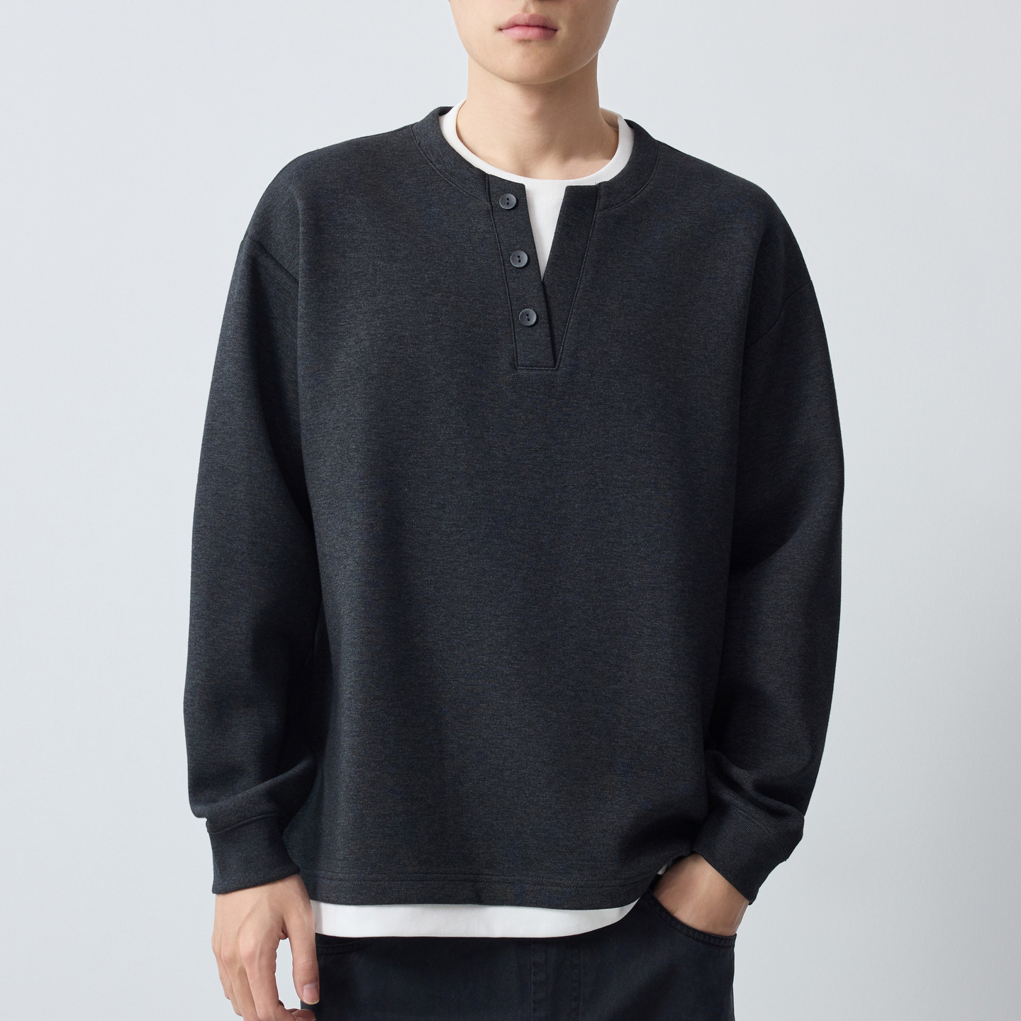 Áo hoodie nam nỉ hai lớp giả phối cổ tròn tay dài — Xám hoa sâu