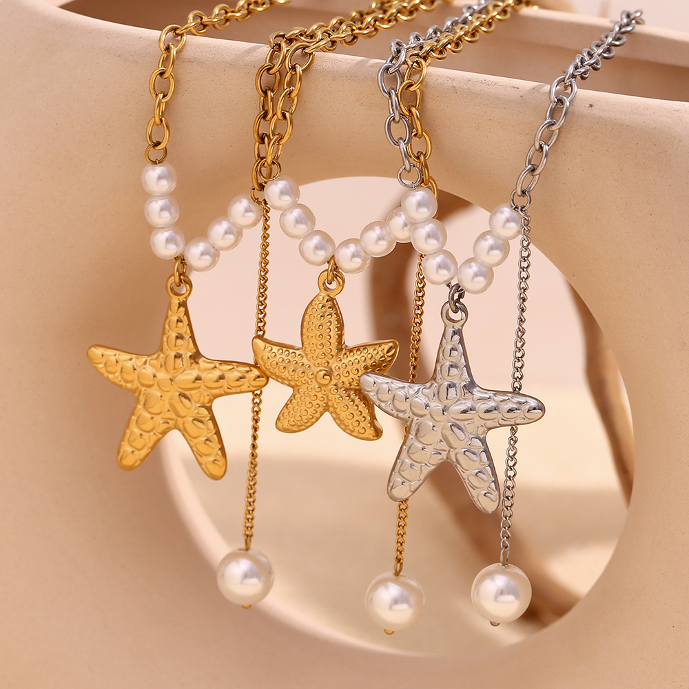 Starfish Imitation Pearl Fringe Stainless Steel Pendant Necklace