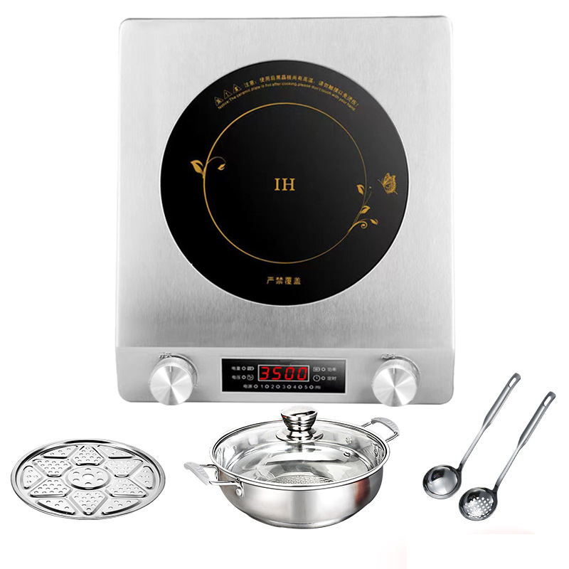 Placa de inducción para uso doméstico, nuevo modelo, juego completo con olla, superficie plana, alta potencia, cocina de inducción cóncava, uso comercial, estándar estadounidense 110V