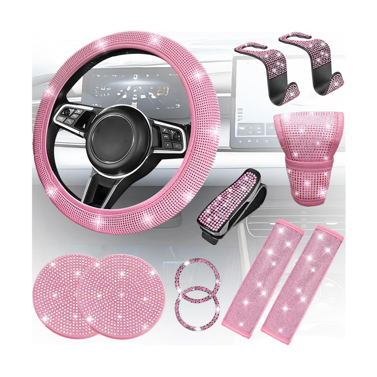11-Piece Car Interior Set with Diamond-Encrusted Steering Wheel Cover, Car Hook, Glasses Holder, One-Touch Start Ring