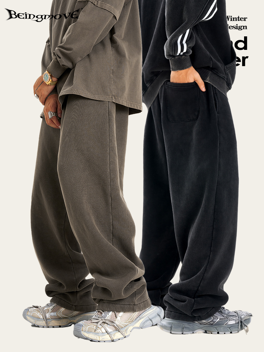 BM Customizado| Marca de moda juvenil de color sólido y veludo de camisa deportiva casual pantalones de jersey pantalones rectos para hombres lavados con agua
