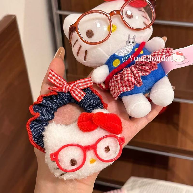 かわいい昔ながらのメガネキティ猫デニムヘアバンド女の子シンプルなポニーテール高弾性ヘアロープゴムバンド|undefined