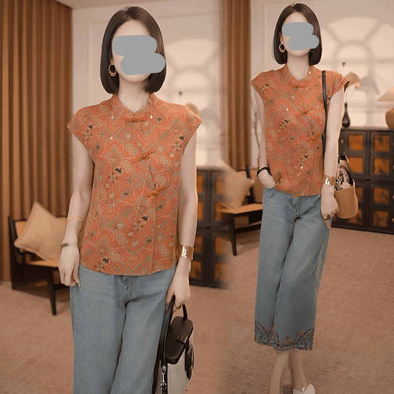 2025夏季新款今年流行女装新中式国风复古盘扣精致印花短袖衬衫女|undefined
