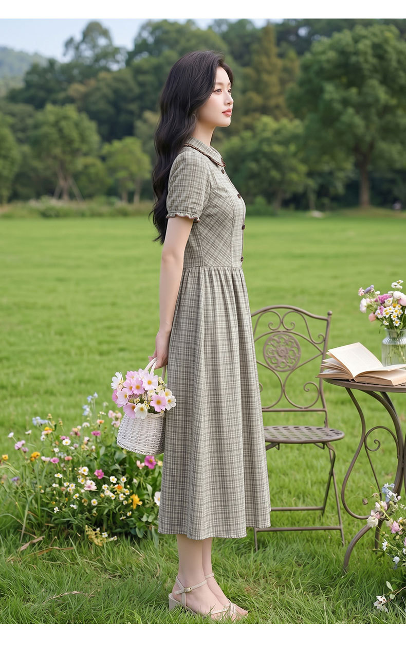 Đầm maxi nữ thắt eo họa tiết kẻ caro phong cách vintage — Màu ảnh chi tiết 11