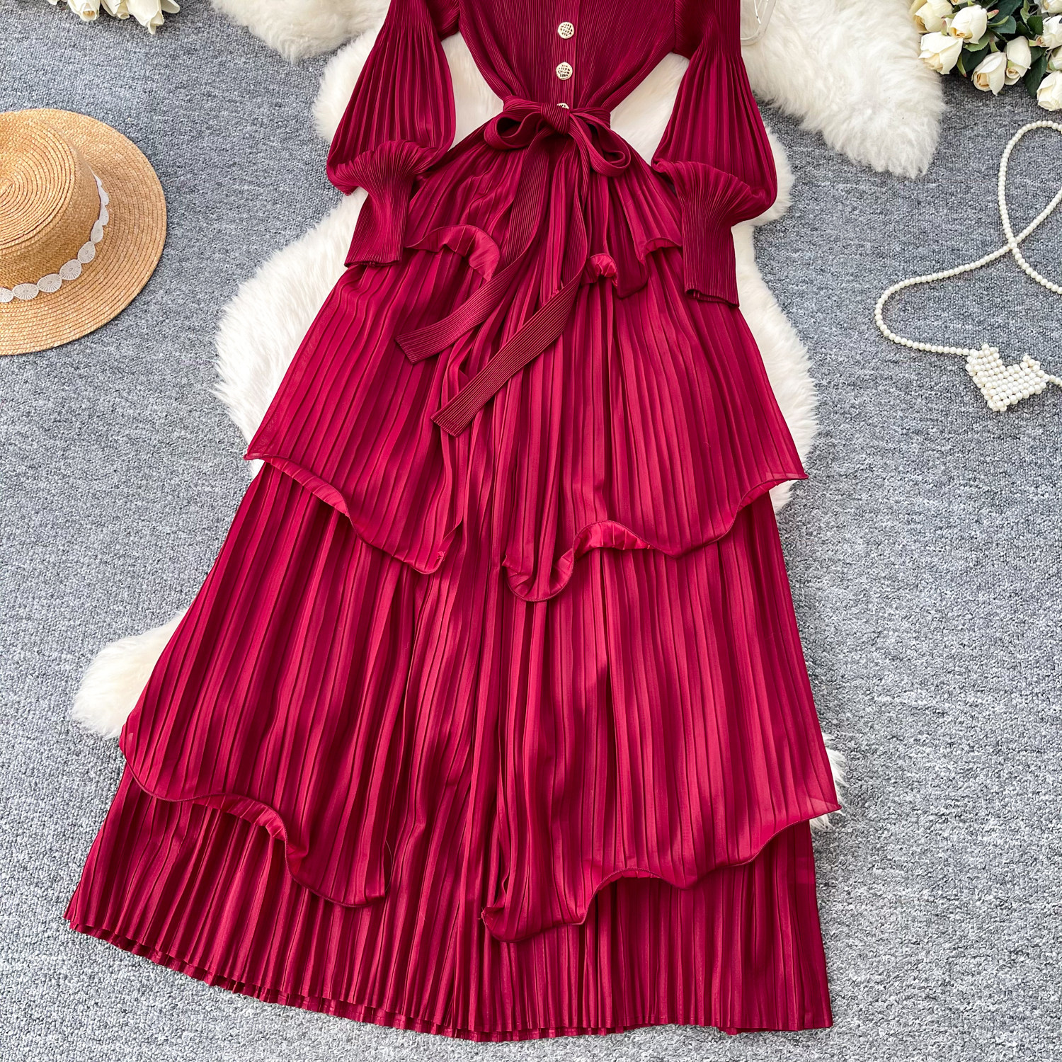 Korean Style Lantern Sleeve Dress, Women's Fitted Waist Tie Ruffle Pleated Cake Skirt, Slimming Long Skirt_ecoleips.com