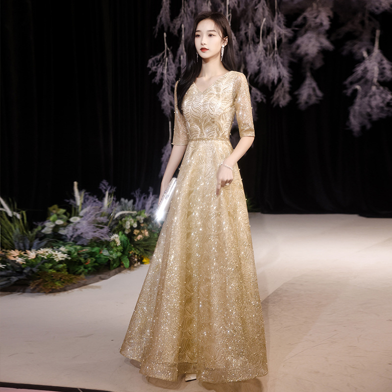 Golden Evening Dress for Women, Banquet Style, Starry Sky Host, Choir Performance Costume, Adult Performance Dress, Cross-Border