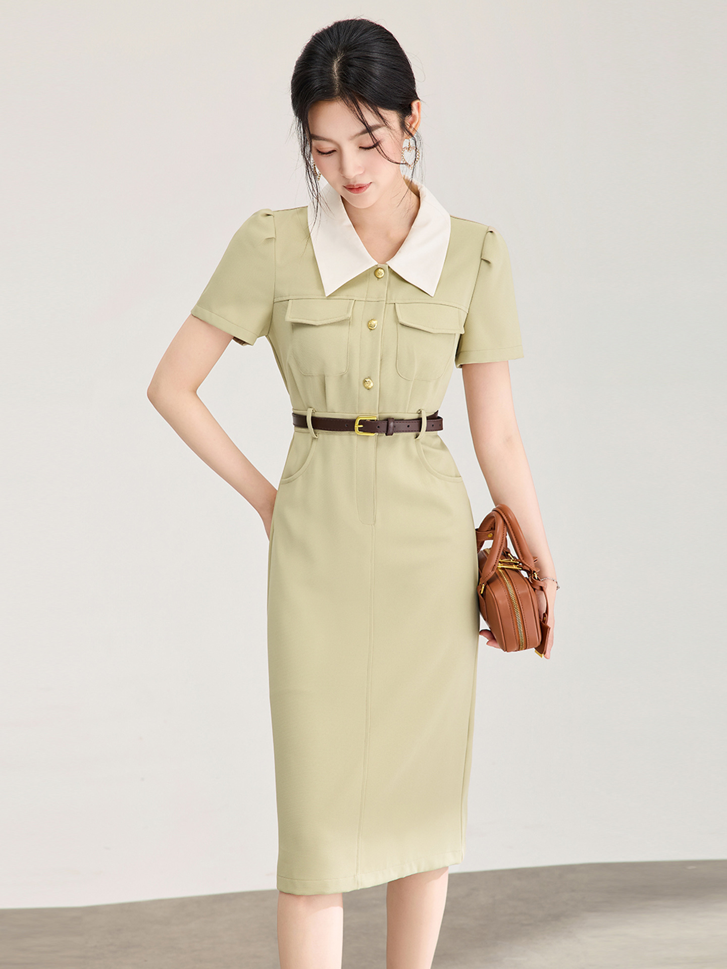 Đầm dài cổ sơ mi phong cách vintage nữ tay ngắn dáng suông — xanh lá cây