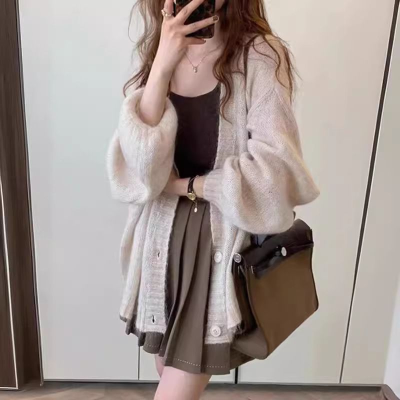Mid-Length Lantern Sleeve Mohair Knitted Cardigan Jacket for Women Summer Loose Lazy Thin Shawl Outer Top