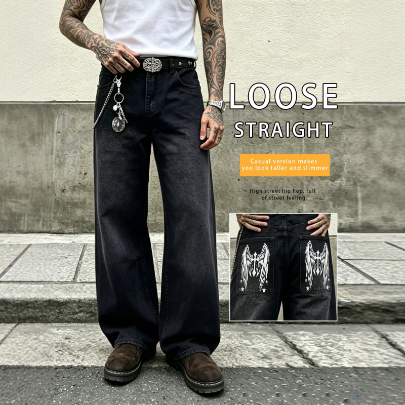 Men's Retro Printed Denim Wide-Leg Pants American High Street Style Wing Print Hip-Hop Loose Versatile Long Pants