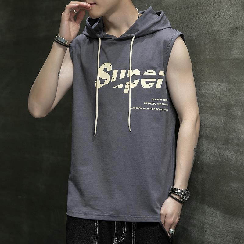 Summer Fitness Hooded Vest Men's Outer Wear Fashionable Sleeveless T-Shirt Reflective Printing Fashionable Sports Vest Shoulder Waistcoat Men's 12