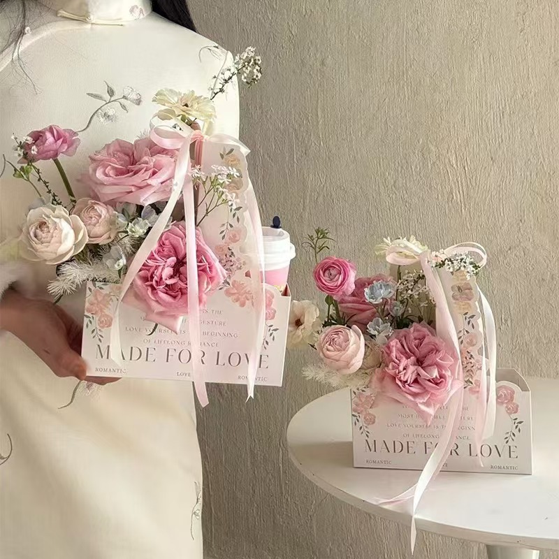 Caja de flores portátil para el Día de la Madre, para café y té con leche, caja de regalo con flores frescas, materiales para arreglos florales DIY, cesta de flores portátil.