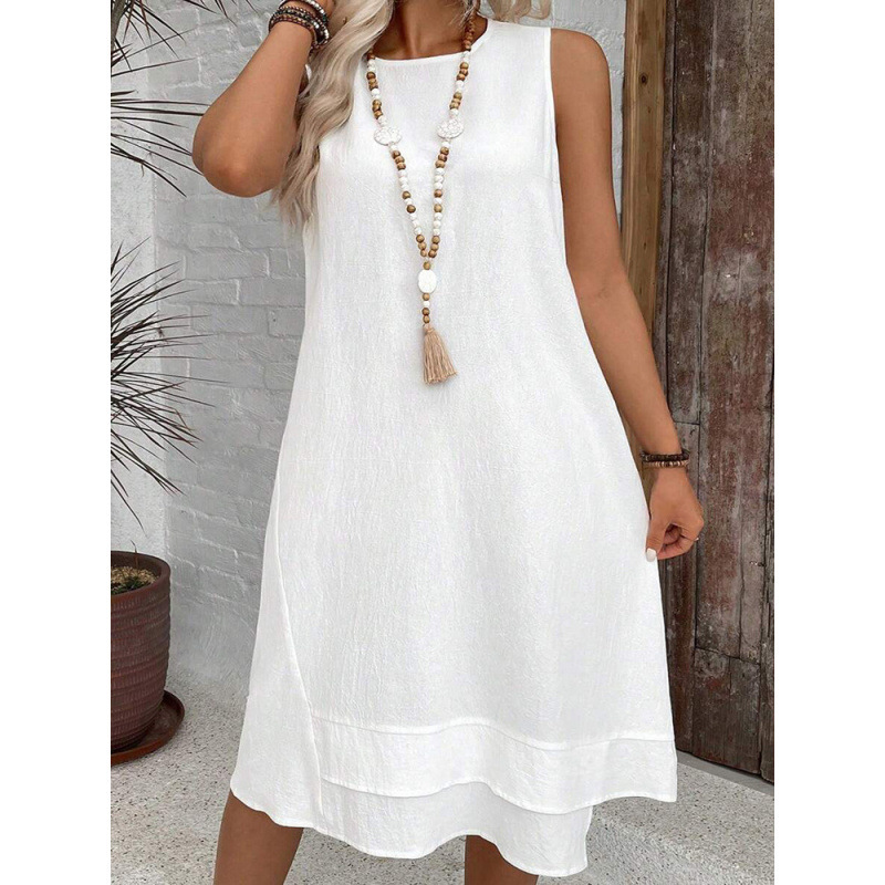 Amazon 2025 European and American Style Dress, Round Neck, Solid Color, Sleeveless, Summer, Plus Size, Casual, Elegant, Mid-Length Women's Dress, Slimming