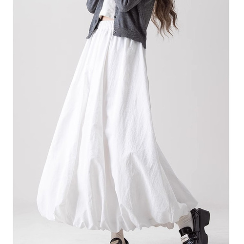 French white fluffy flower bud skirt for women's spring new elastic waist loose slimming A-line long dress