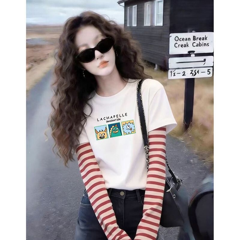 2026 Spring New Dopamine Style Fake Two-Piece Striped Patchwork Long Sleeve T-Shirt for Women, Loose Short Color-Block Top Trend 2026 Spring New Dopamine Style Fake Two-Piece Striped Patchwork Long Sleeve T-Shirt for Women, Loose Short Color-Block Top Trend