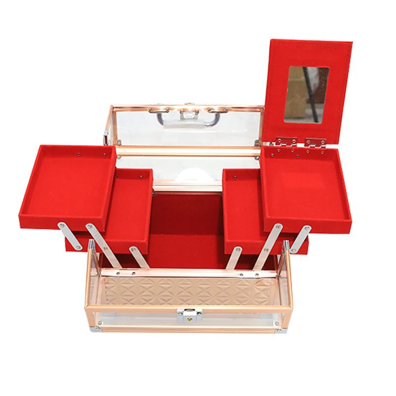 Estuche de cosméticos Estuche de almacenamiento de aleación de aluminio portátil de gran capacidad con espejo Estuche de herramientas pequeño portátil multicapa con maquillador profesional