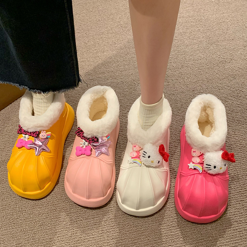 2024 Thick-Soled Snow Boots Waterproof Fleece-Lined Warm Kitty Plush Accessories Popular Hole Shoes Women's Furry Slippers