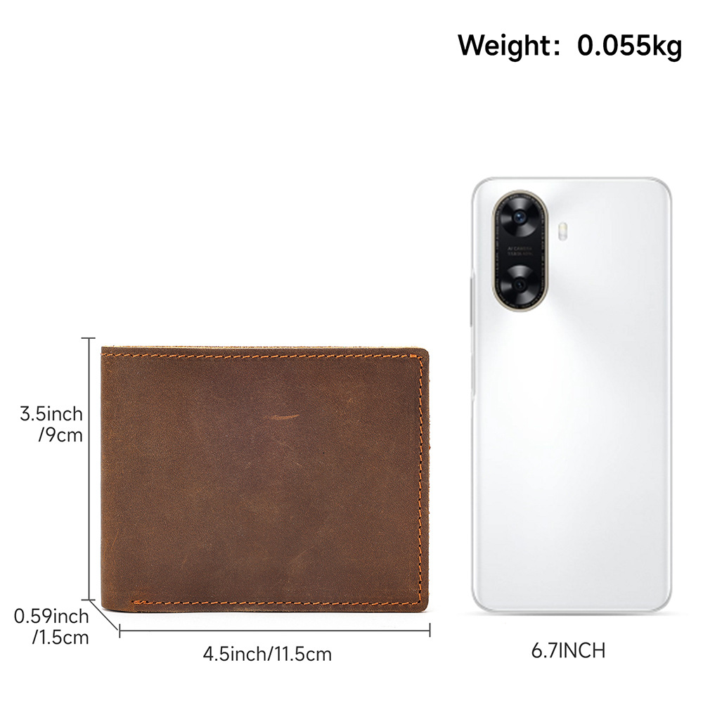 Ví nam gập mini da ngựa điên nhiều khe thẻ, đựng tiền giấy thanh lịch — cà phê, Cà phê đen