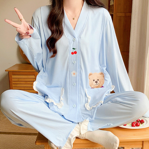 Thin Ice Silk Cotton Modal Confinement Clothes Maternity Prenatal and Postpartum Breastfeeding Pajamas Confinement Clothes Spring and Summer Set