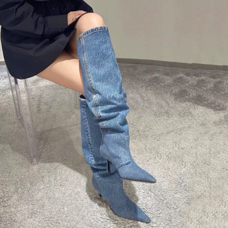 AW European and American Style Cowboy Boots Women's Boots High Heel Thin Heel High Barrel Long Barrel But Knee Pleated Piled Boots Long Boots Autumn and Winter