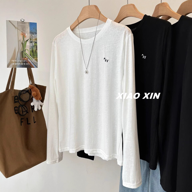 Snowflake Cotton Plus Size 120kg Refreshing Inner Wear! Korean-Style Thin Long-Sleeve T-Shirt with Pony Embroidery for Women, Casual Base Shirt Snowflake Cotton Plus Size 120kg Refreshing Inner Wear! Korean-Style Thin Long-Sleeve T-Shirt with Pony Embroidery for Women, Casual Base Shirt