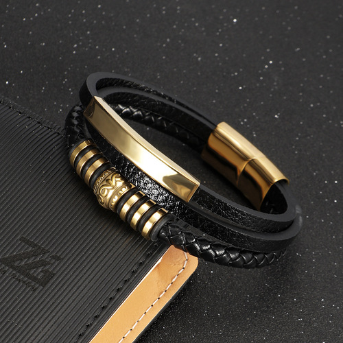 Cross-border stainless steel retro leather braided bracelet for men, titanium steel magnetic clasp multi-layer braided bracelet accessory wholesale