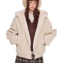 座山雕兔毛内胆纹皮棉衣外套女学生冬季美式复古加绒保暖连帽夹克