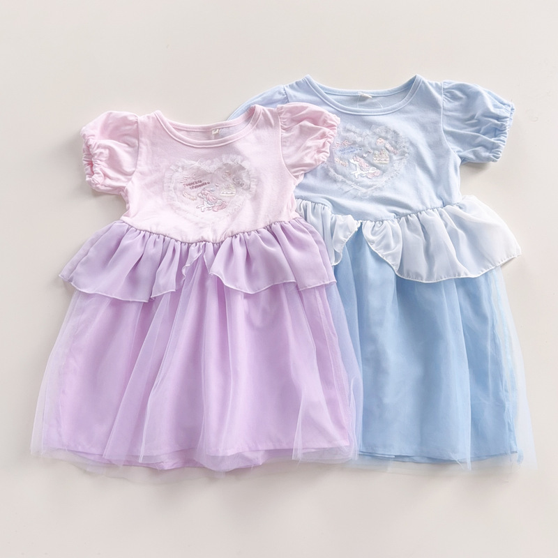 Japanese Surplus Stock Girls' 100-130 Size Unicorn Mesh Princess Dress with Puff Sleeves, Faux Two-Piece Puffy Dress for Summer