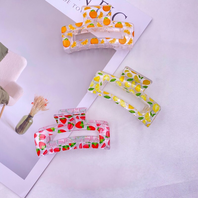 Korean-Style Fashionable Hair Accessories: Sweet and Fresh Forest-Style Square Transparent Fruit Print Shark Clip for Hair Styling at the Back of the Head Korean-Style Fashionable Hair Accessories: Sweet and Fresh Forest-Style Square Transparent Fruit Print Shark Clip for Hair Styling at the Back of the Head