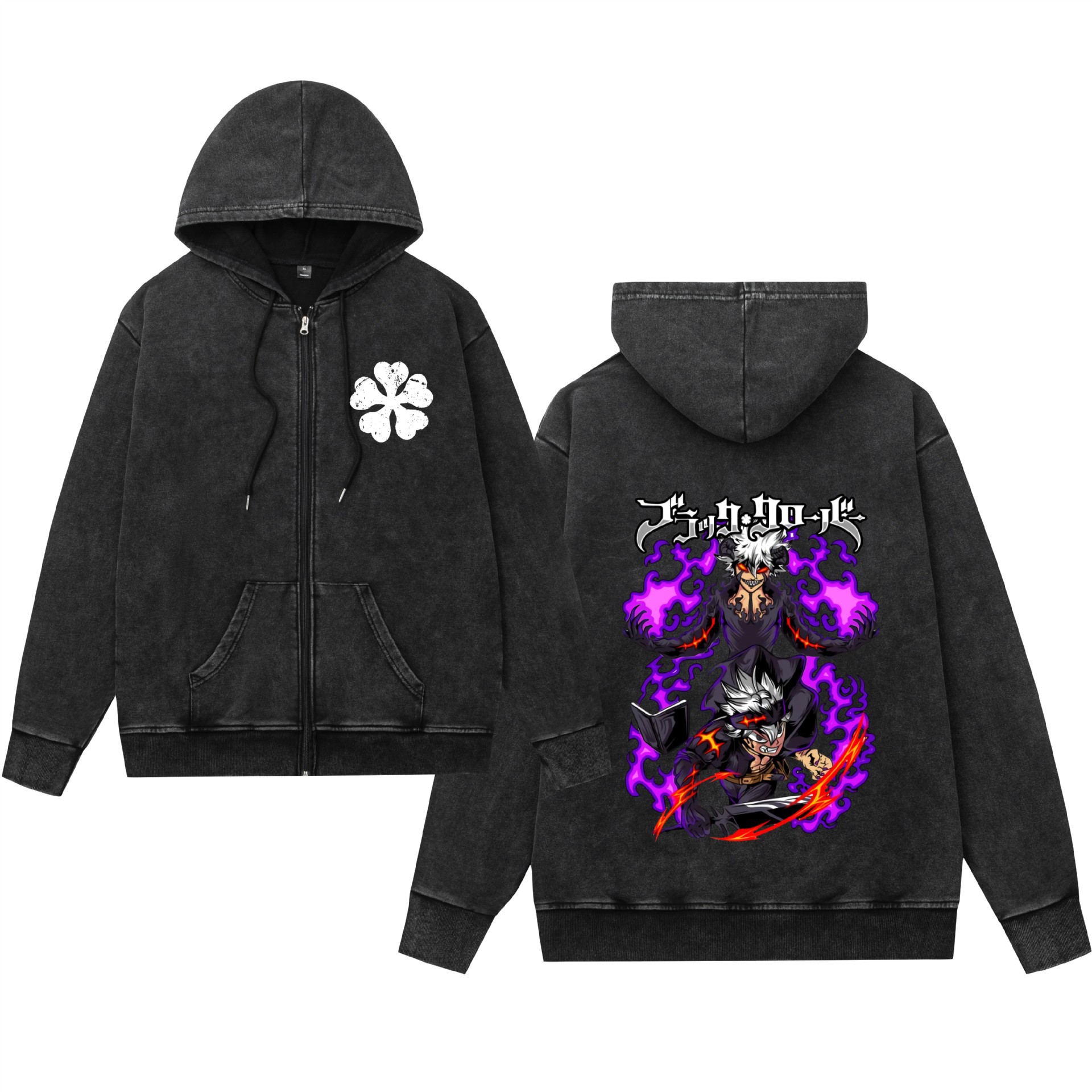 Comercio exterior lavado y desgastado suéter retro con capucha cremallera trébol de cuatro hojas negro estampado hombres y mujeres