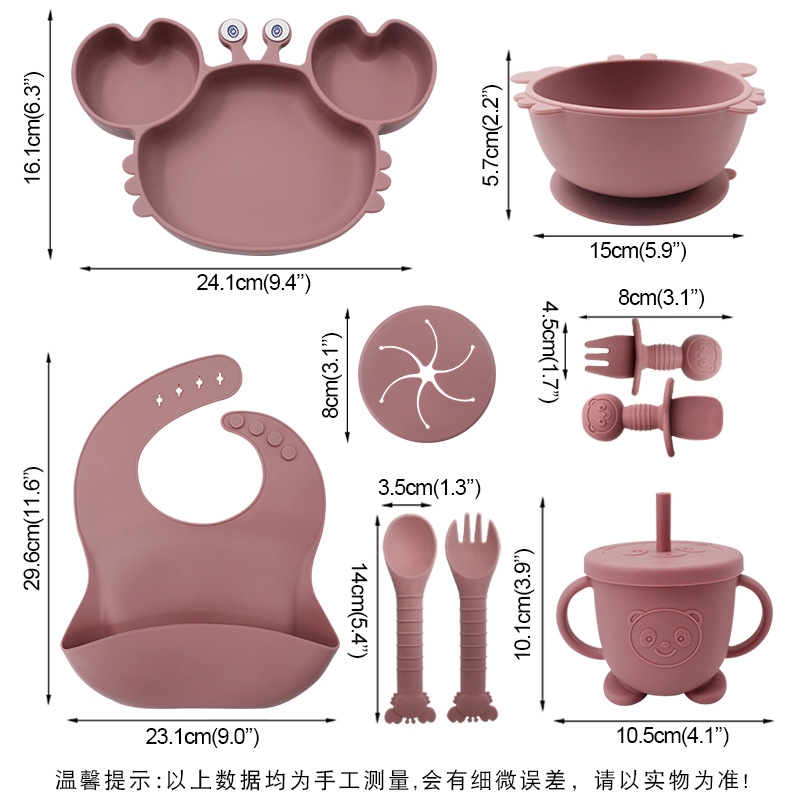 cubiertos de silicona para niños, platos de alimentación para bebés, cucharas de cangrejo, cuchillas de tenedor, bacon de nueve piezas, cubiertos de dibujos animados para bebés