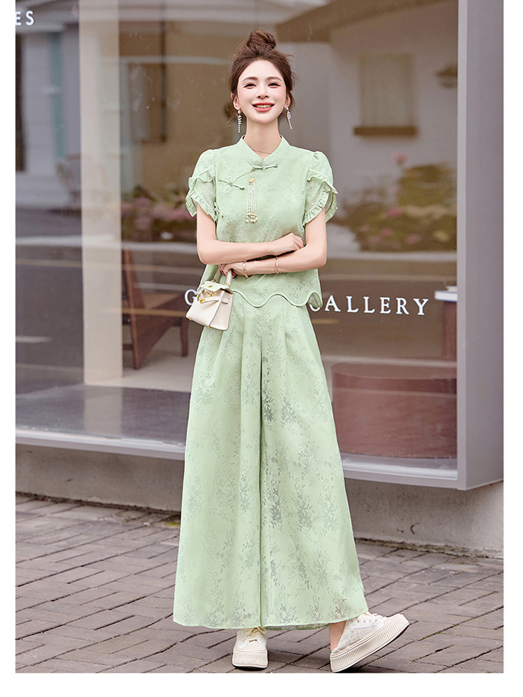 Bộ váy hai mảnh tay ngắn phong cách Trung Hoa cổ điển họa tiết jacquard mùa hè 2025 — Màu vàng be, Màu xanh lá chi tiết 8