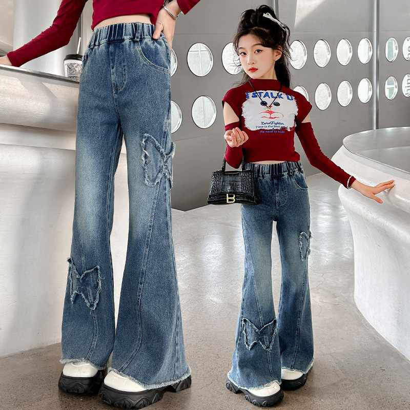 Qiaonika Girls' Pants Spring and Autumn New Stylish Long Pants for Older Children Spring Straight Wide-Leg Pants Children's Jeans