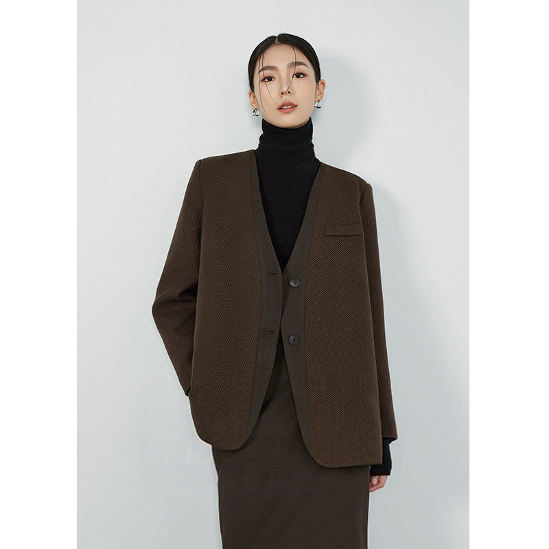 Áo vest nữ cổ V tay dài dáng suông một hàng nút phong cách thanh lịch — Váy Midi Breeveca, Váy màu xanh hải quân, Váy màu xám khói, Váy màu đỏ tía