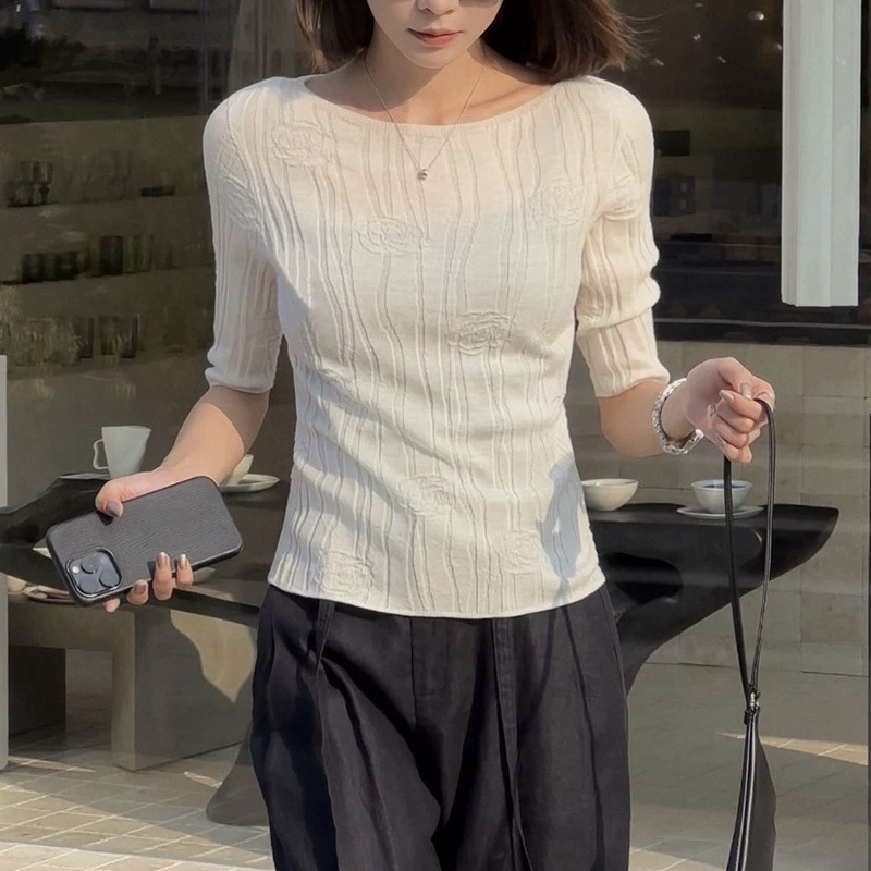 [Limited Special Offer] Silk and Linen 100-Count Fine Knit Boat Neck Slim Fit Women's T-Shirt